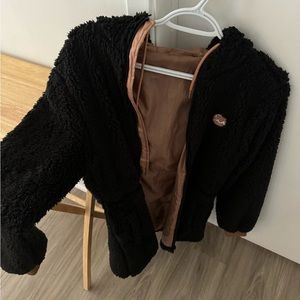 Zyia black long teddy hooded jacket XS EUC